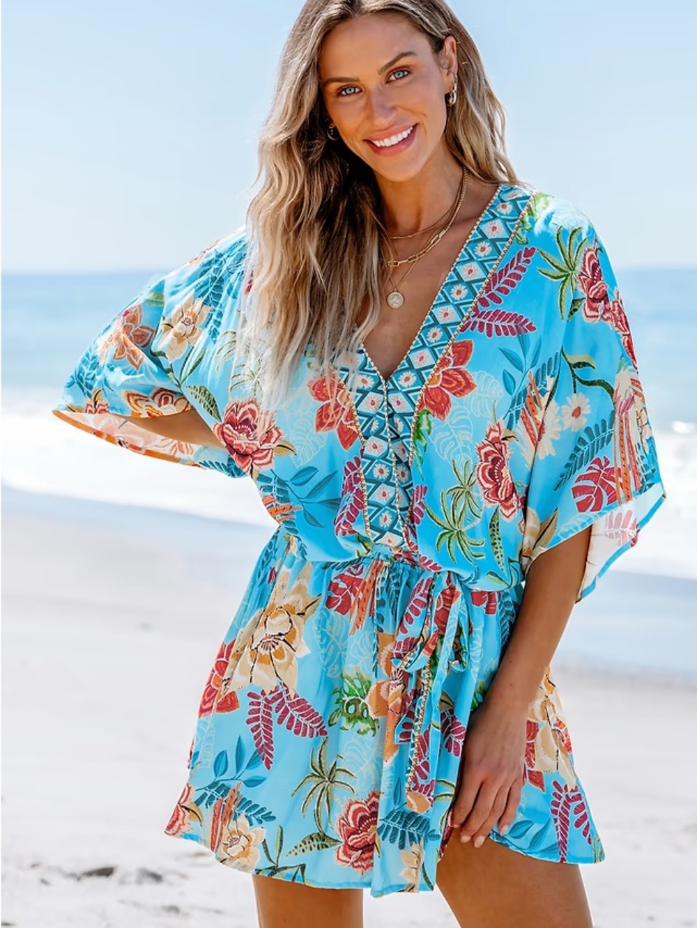Blue Tropical Dolman Sleeve Mini Dress